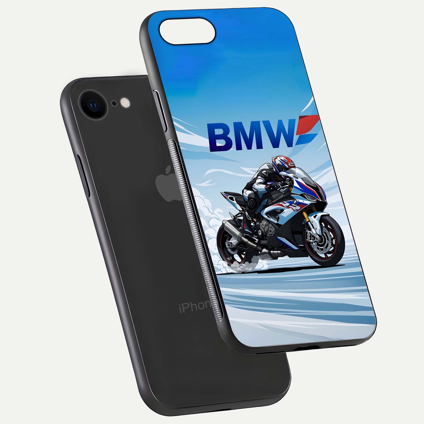BMW Power Drift Glass Case for iPhone 7 floating mockup displaying bold drift artwork and glossy polish