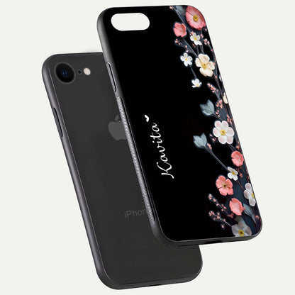 Black Elegance Floral Custom Name Glass Case for iPhone 7 floating mockup emphasizing premium shine and floral art