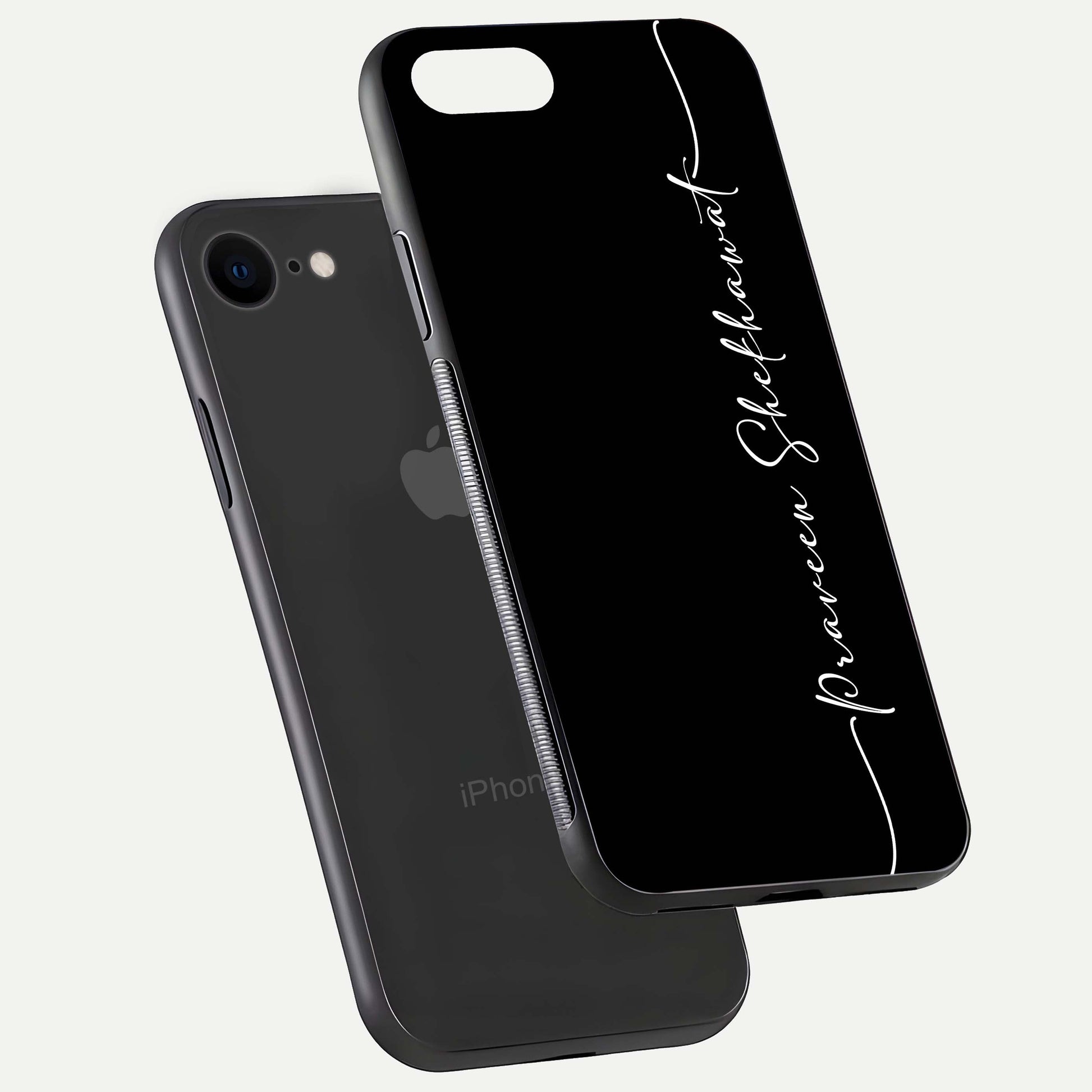 Black Tune Custom Name Glass Case for iPhone 7 floating dual-view mockup emphasizing modern glossy texture