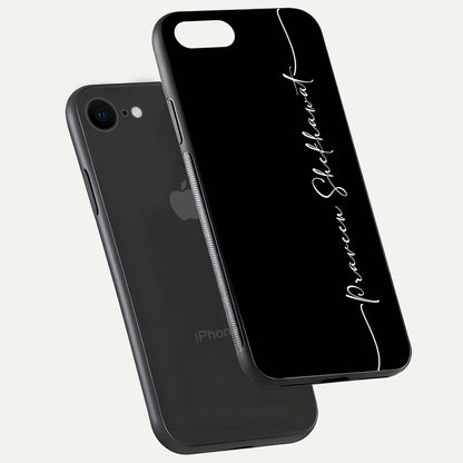 Black Tune Custom Name Glass Case for iPhone 7 floating dual-view mockup emphasizing modern glossy texture