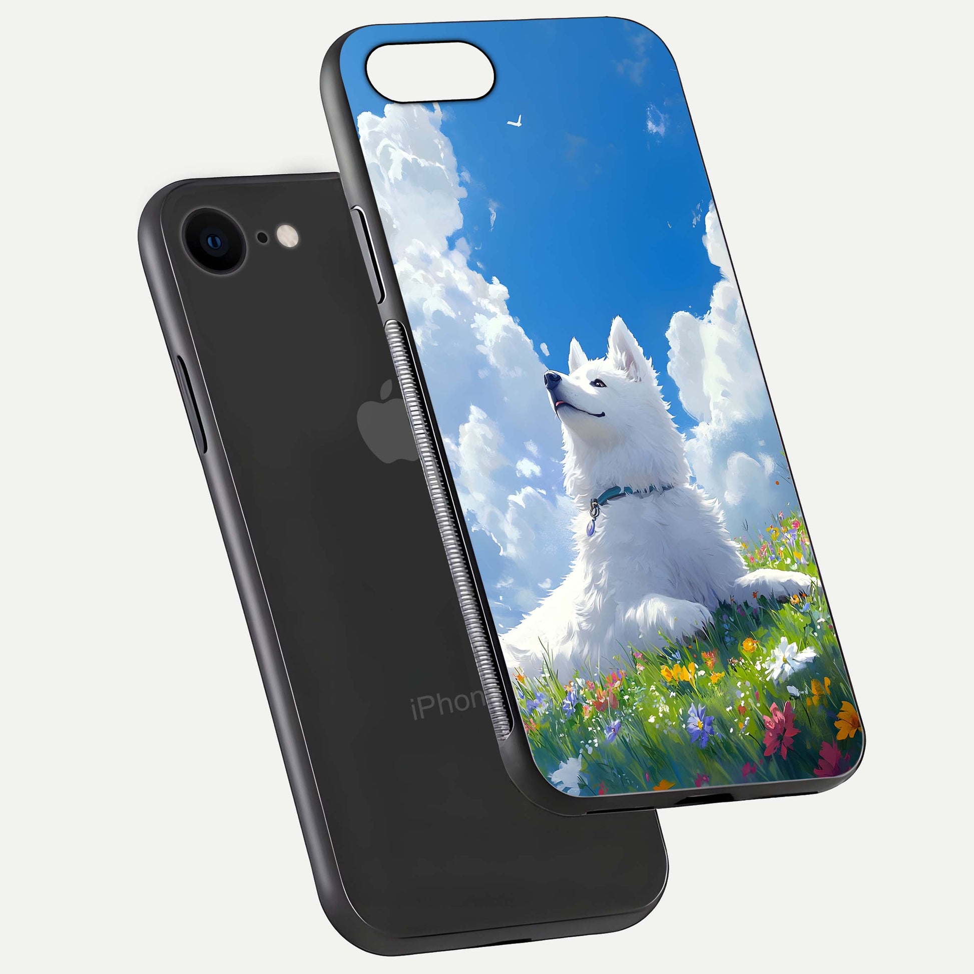 Blissful Cloud Pup Glass Case for iPhone 7 floating mockup capturing playful aesthetic and gloss finish