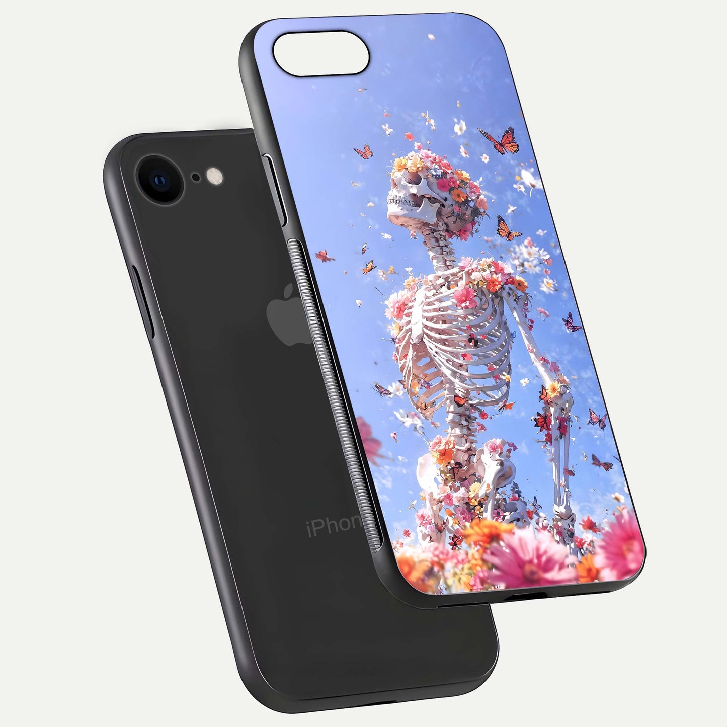 Bloom Beyond Bones Glass Case for iPhone 7 floating mockup displaying shine, texture, and gloss detail