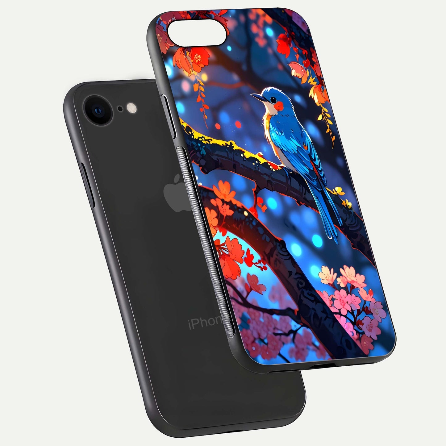 Blooming Spendor Bird Glass Case for iPhone 7 floating dual-mockup capturing gloss tone and curved texture