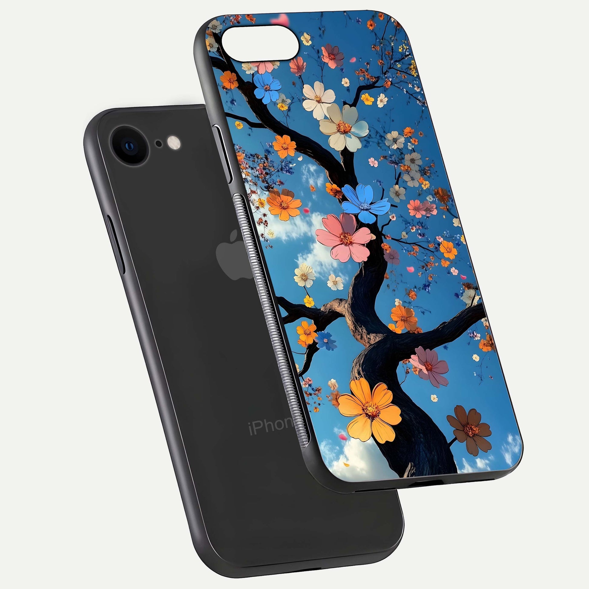 Blossom Dream Sky Glass Case for iPhone 7 floating dual-mockup displaying smooth finish and elegant sky tones