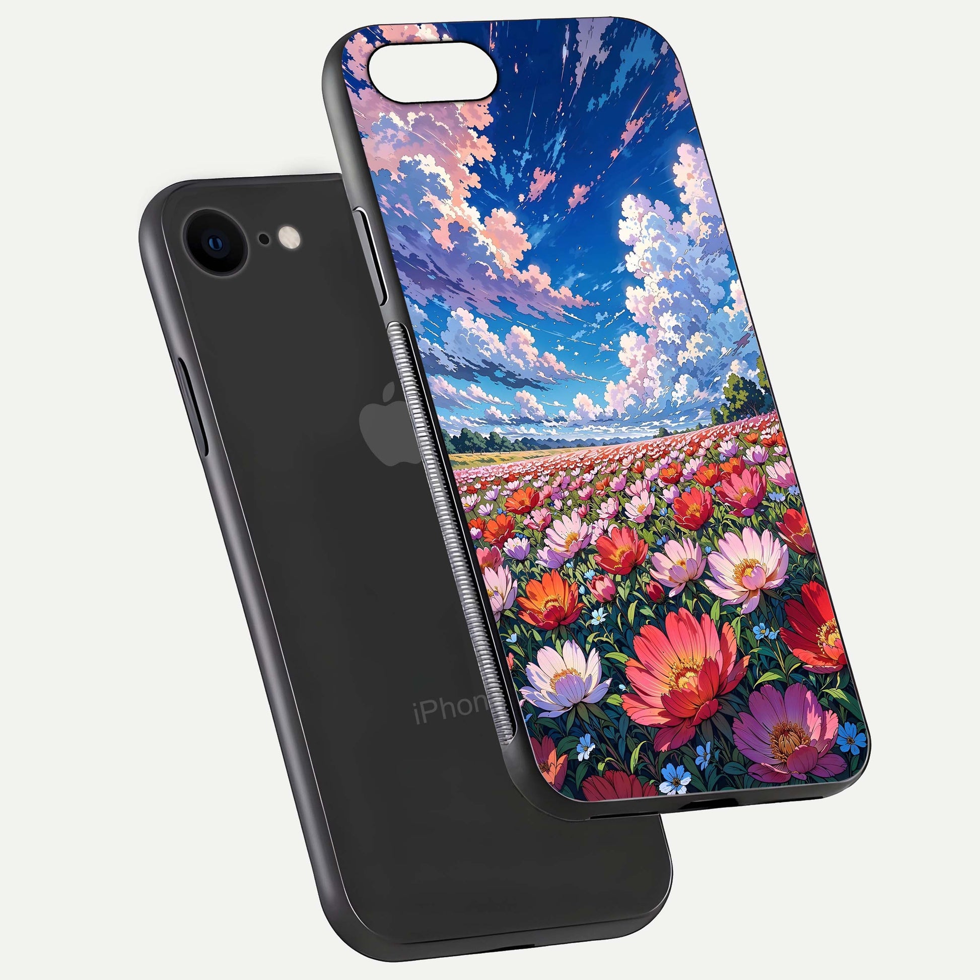 Blossom Sky Field Glass Case for iPhone 7 floating mockup displaying sky bloom concept with smooth finish