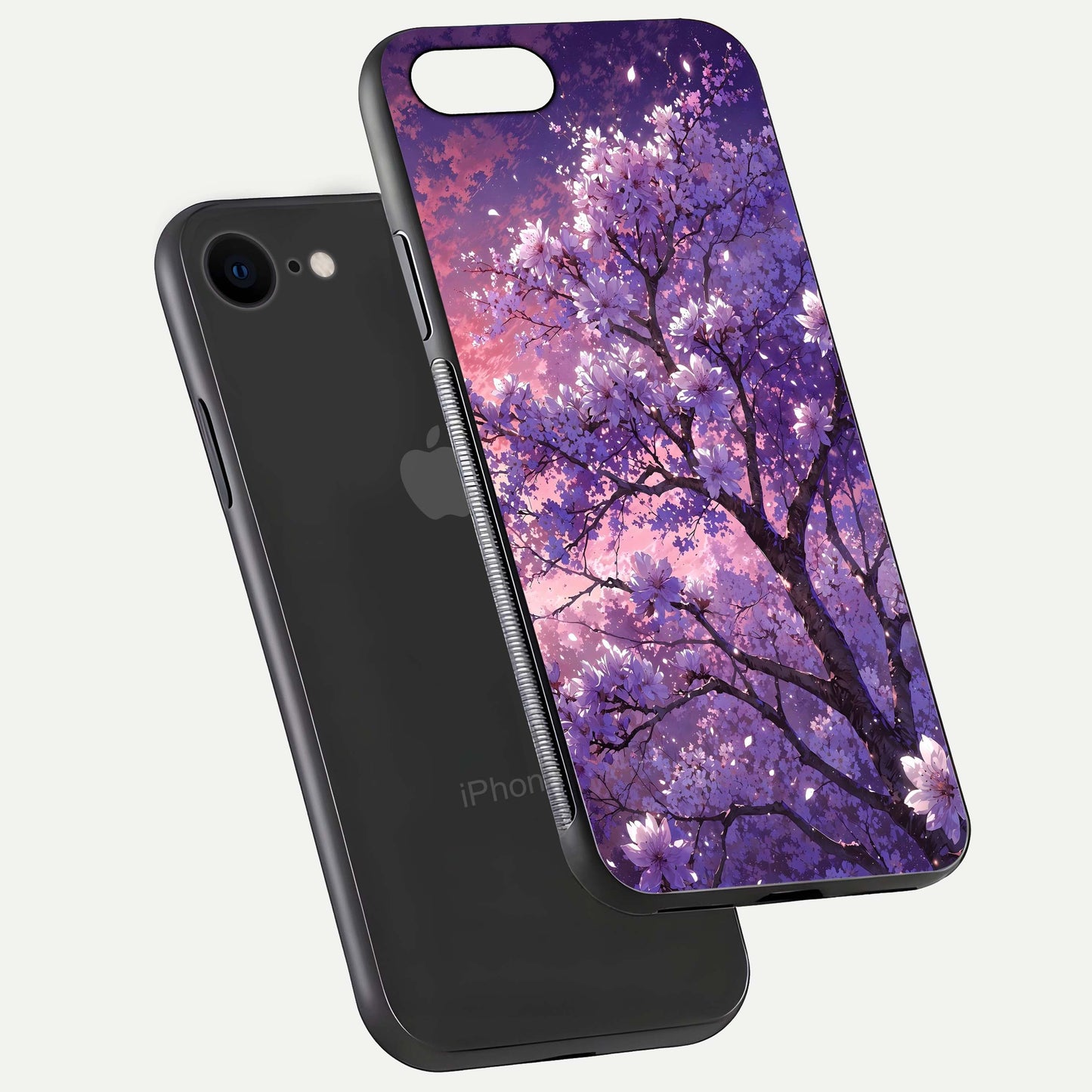 Blossom Tree Glass Case for iPhone 7 floating dual-mockup displaying texture detail and curved edges