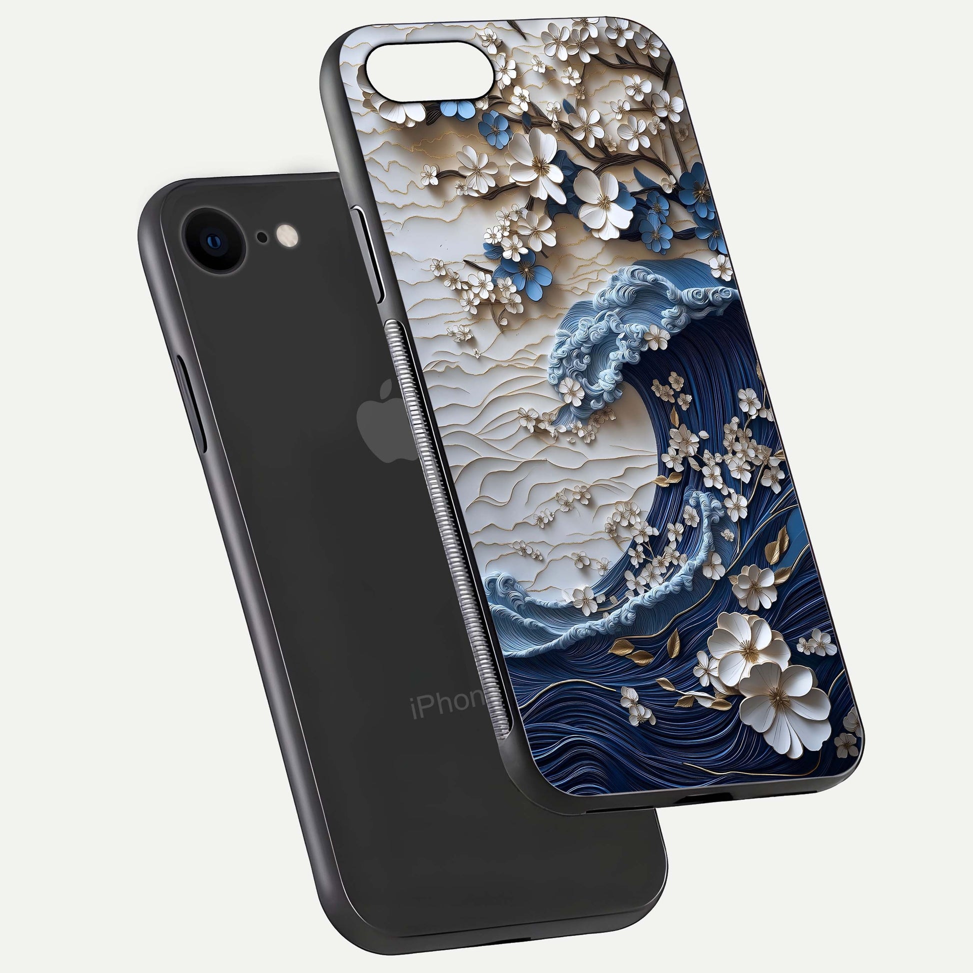 Blossom Wave Art Glass Case for iPhone 7 floating mockup displaying pattern details and reflective shine