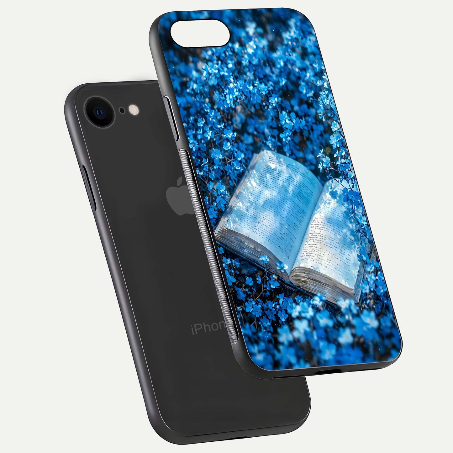 Blue Bloom Tales Glass Case for iPhone 7 floating mockup showing detailed bloom and reflective surface