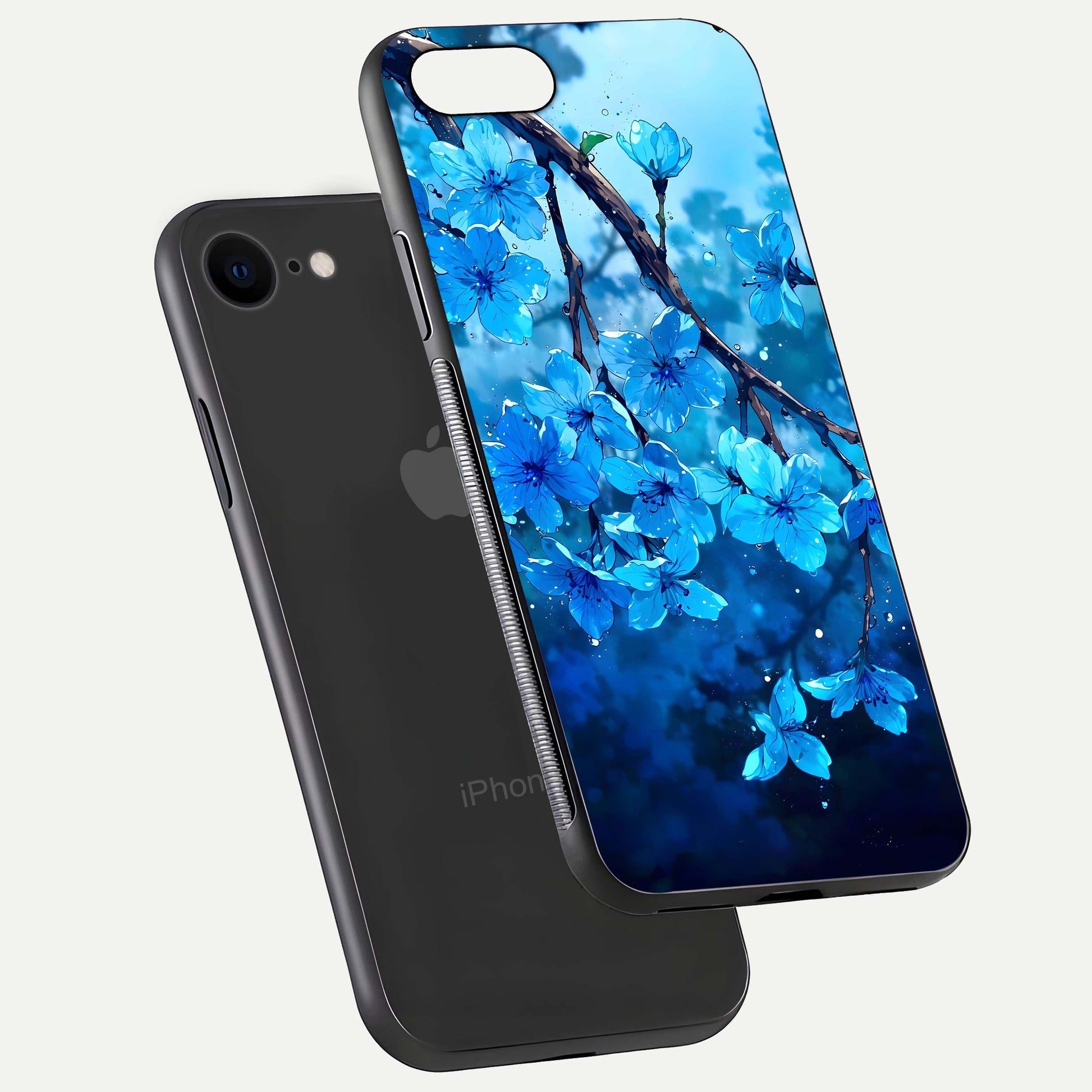 Blue Blossoms Branch Glass Case for iPhone 7 floating mockup showing shine, curved edges, and branch detailing