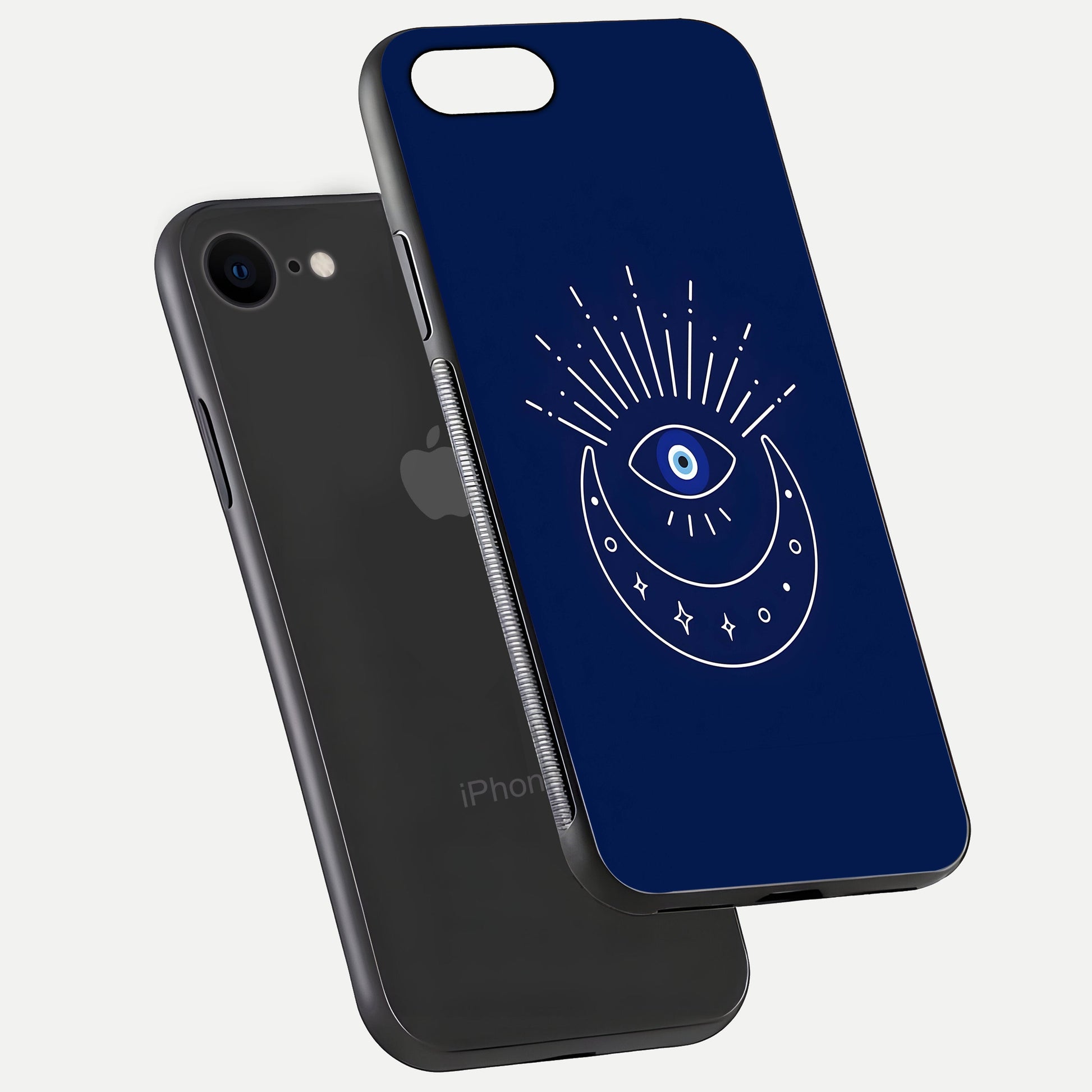 Blue Evil Eye Glass Case for iPhone 7 floating mockup displaying glossy protection and spiritual artwork