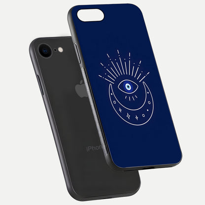 Blue Evil Eye Glass Case for iPhone 7 floating mockup displaying glossy protection and spiritual artwork
