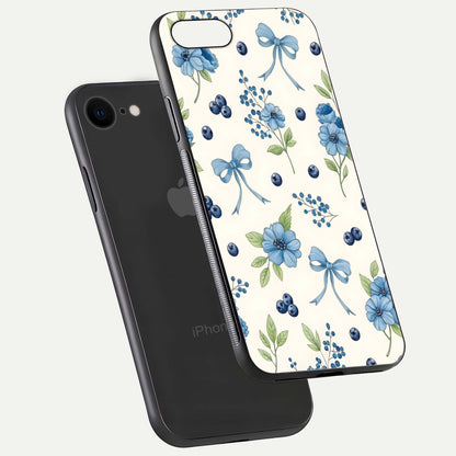 Blue Flower & Bow Glass Case for iPhone 7 floating mockup capturing gloss reflection and girly aesthetic