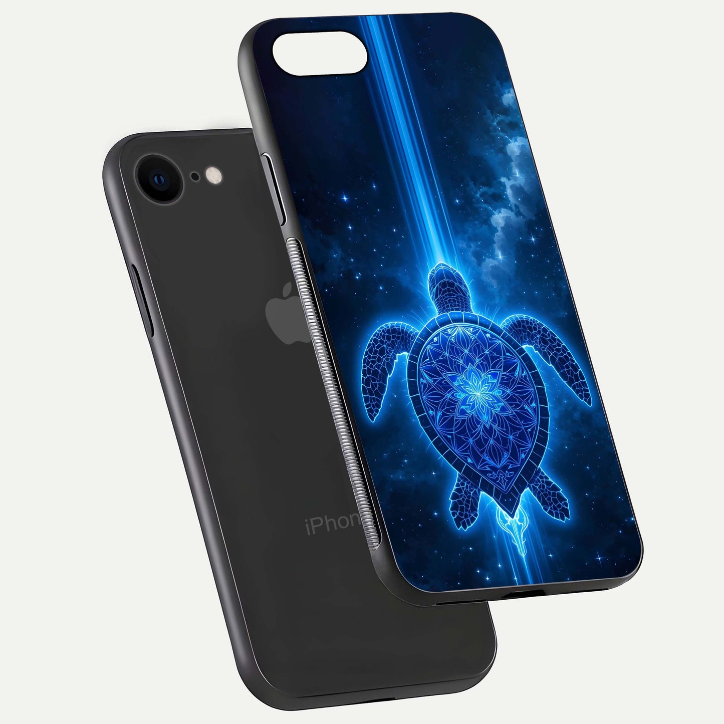 Blue Galaxy Turtle Glass Case for iPhone 7 floating dual-mockup showing gloss depth and color transitions