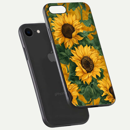 Bright Sunflower Bloom Glass Case for iPhone 7 floating mockup capturing vibrant tones and gloss surface