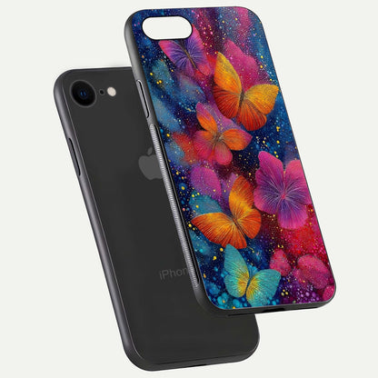 Butterfly Dream Mist Glass Case for iPhone 7 floating mockup displaying glass shine and ethereal art depth