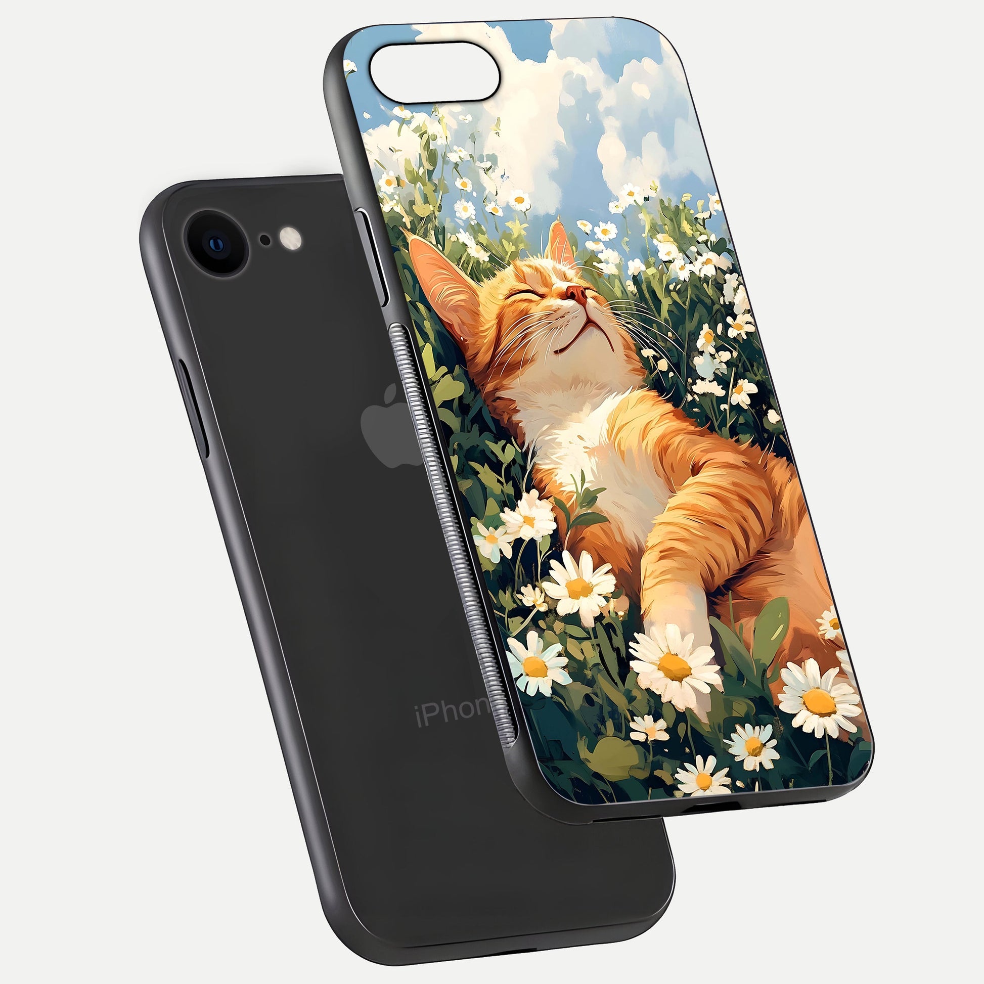 Cat & Flowers View Glass Case for iPhone 7 floating mockup showing design reflection and protective edges