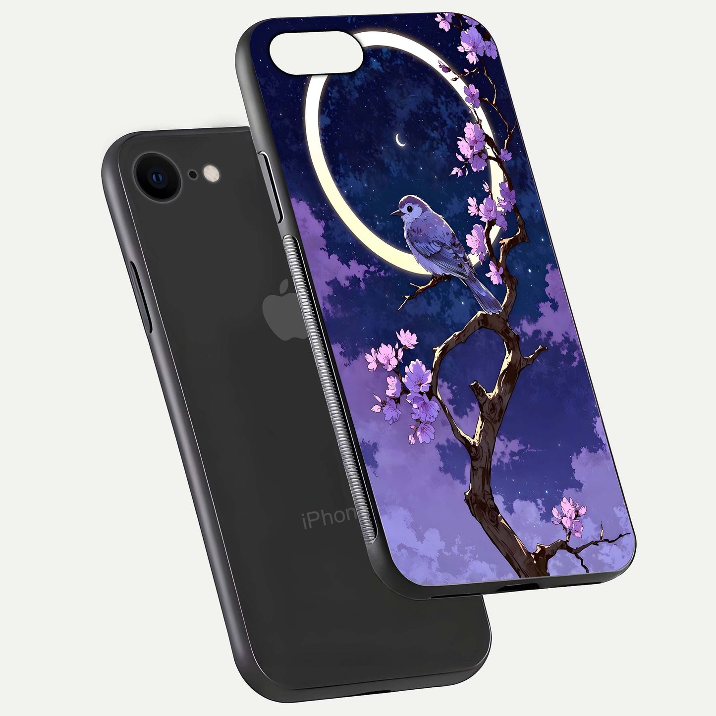 Celestial Bird Blossom Glass Case for iPhone 7 floating mockup showing cosmic floral tones and HD gloss