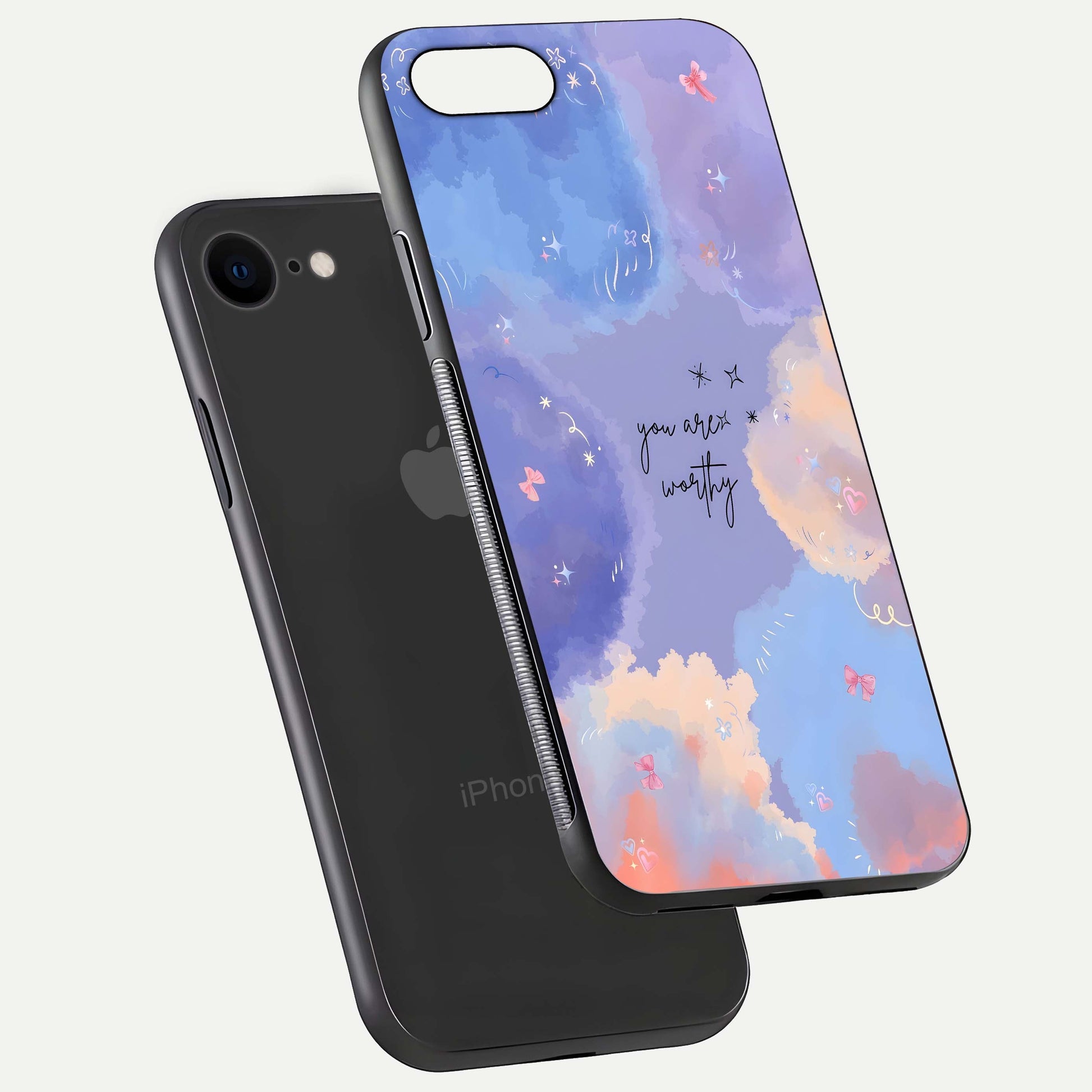 Celestial Cloud Magic Glass Case for iPhone 7 floating mockup displaying cloud aura and HD finish
