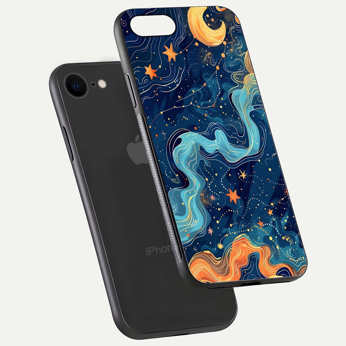 Celestial Dream Flow Glass Case for iPhone 7 floating mockup displaying gloss shimmer and artistic composition
