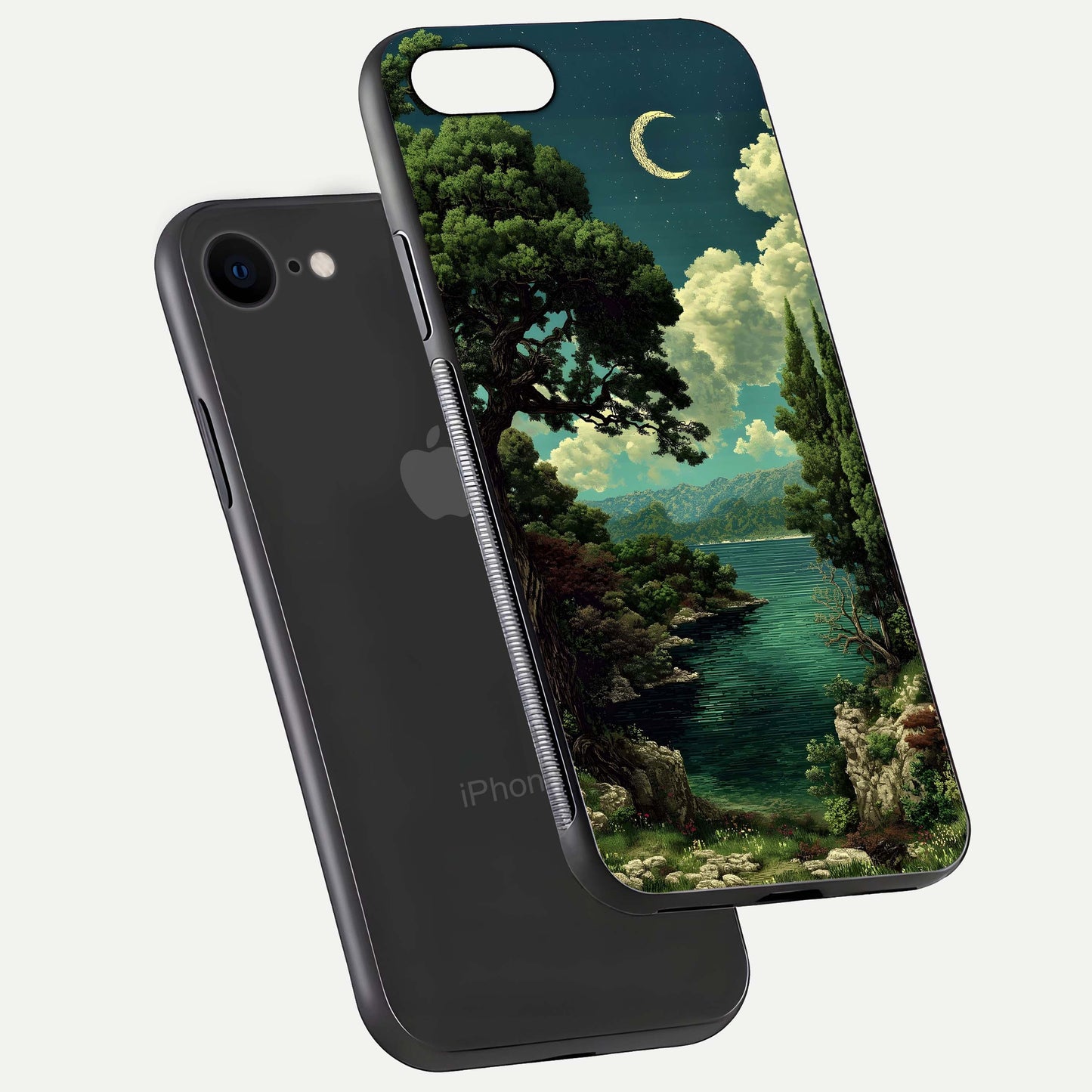 Celestial Lake Peace Glass Case for iPhone 7 floating mockup capturing calm tones and smooth polish