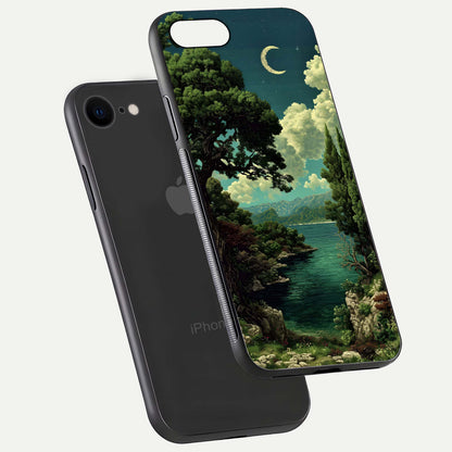 Celestial Lake Peace Glass Case for iPhone 7 floating mockup capturing calm tones and smooth polish