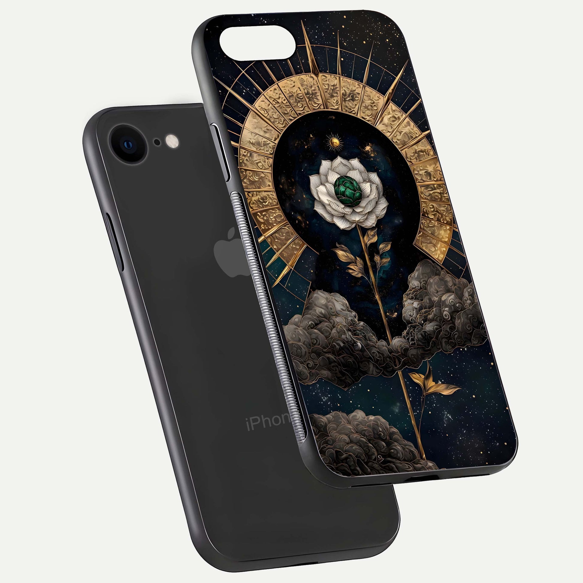 Celestial Lotus Morang Glass Case for iPhone 7 floating mockup showing gloss depth and cosmic lotus glow