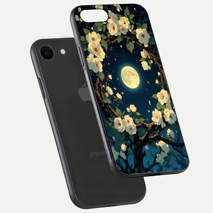 Celestial Moon & Flower Glass Case for iPhone 7 floating mockup emphasizing HD shine and delicate texture