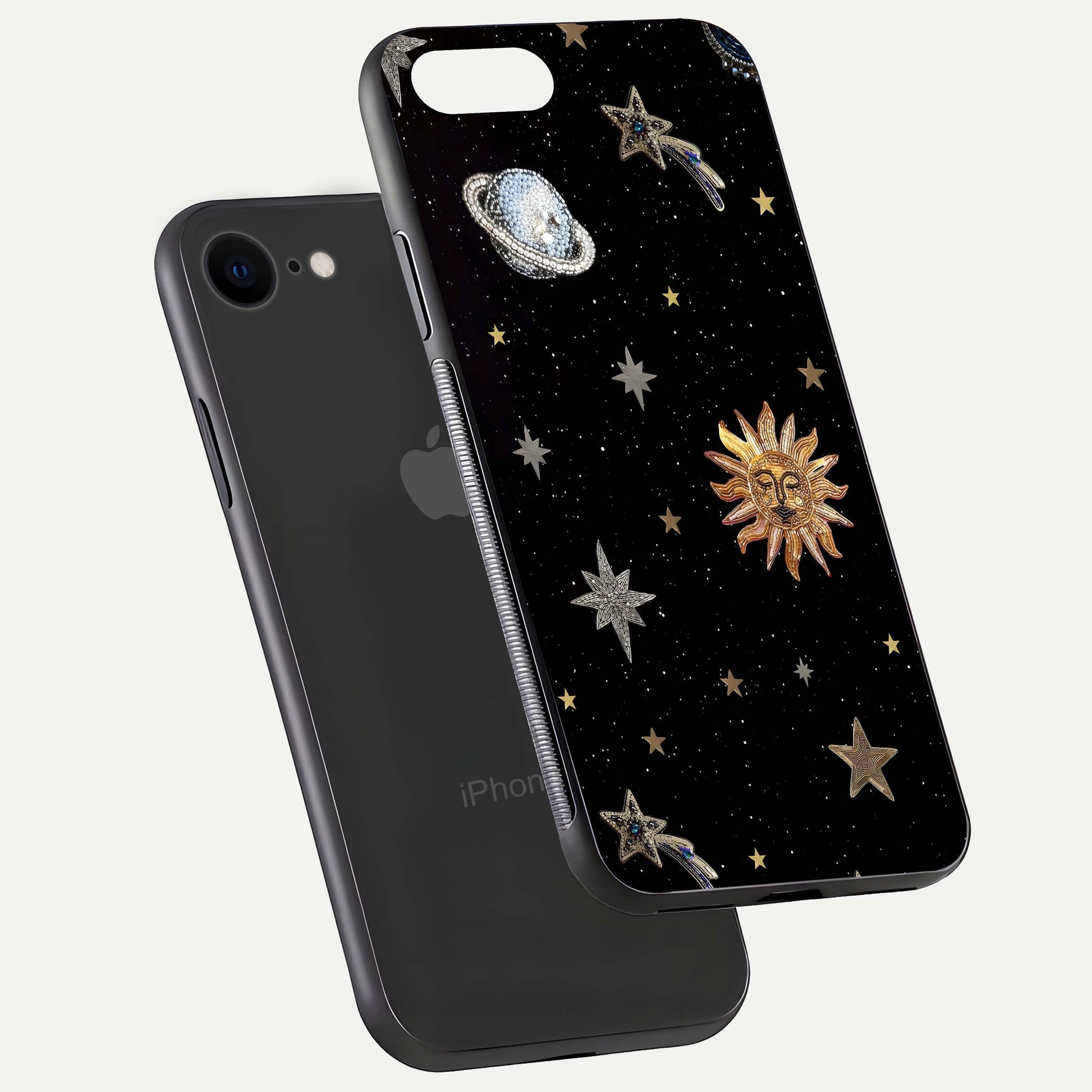 Celestial Moon With Stars Glass Case for iPhone 7 floating mockup emphasizing star depth and gloss clarity