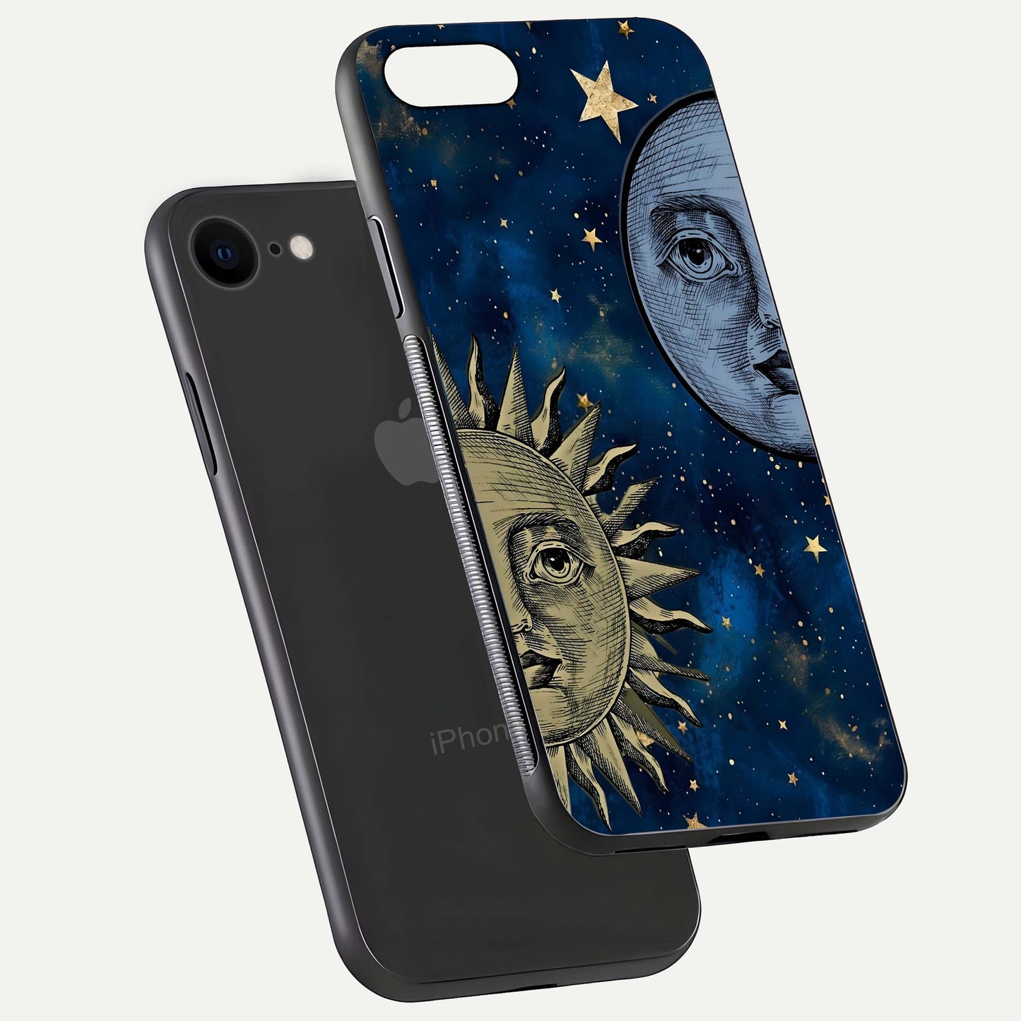 Celestial Moon With Sun Glass Case for iPhone 7 floating mockup displaying vibrant contrast and HD gloss