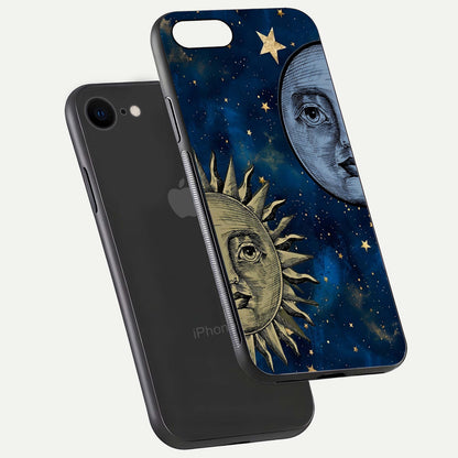 Celestial Moon With Sun Glass Case for iPhone 7 floating mockup displaying vibrant contrast and HD gloss