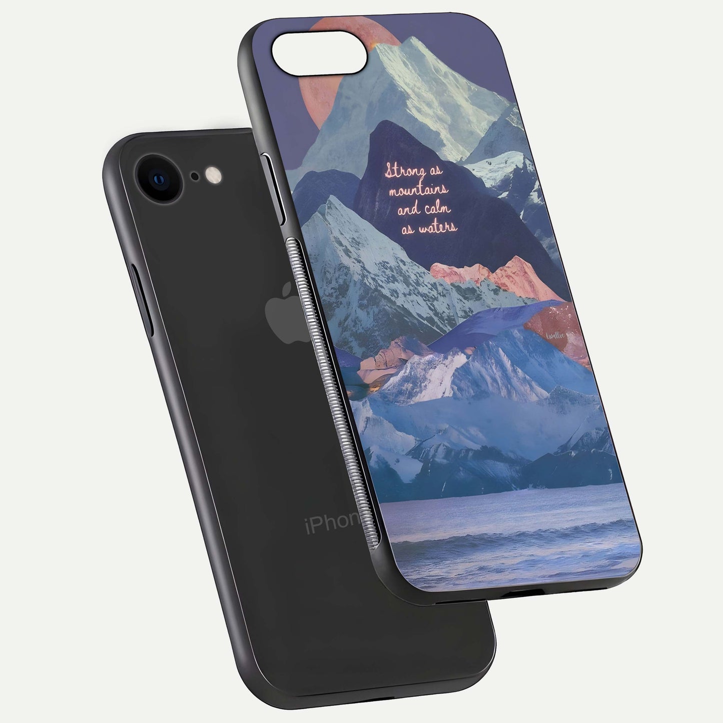 Celestial Mountain Calm Glass Case for iPhone 7 floating mockup showing glow depth and polished edges