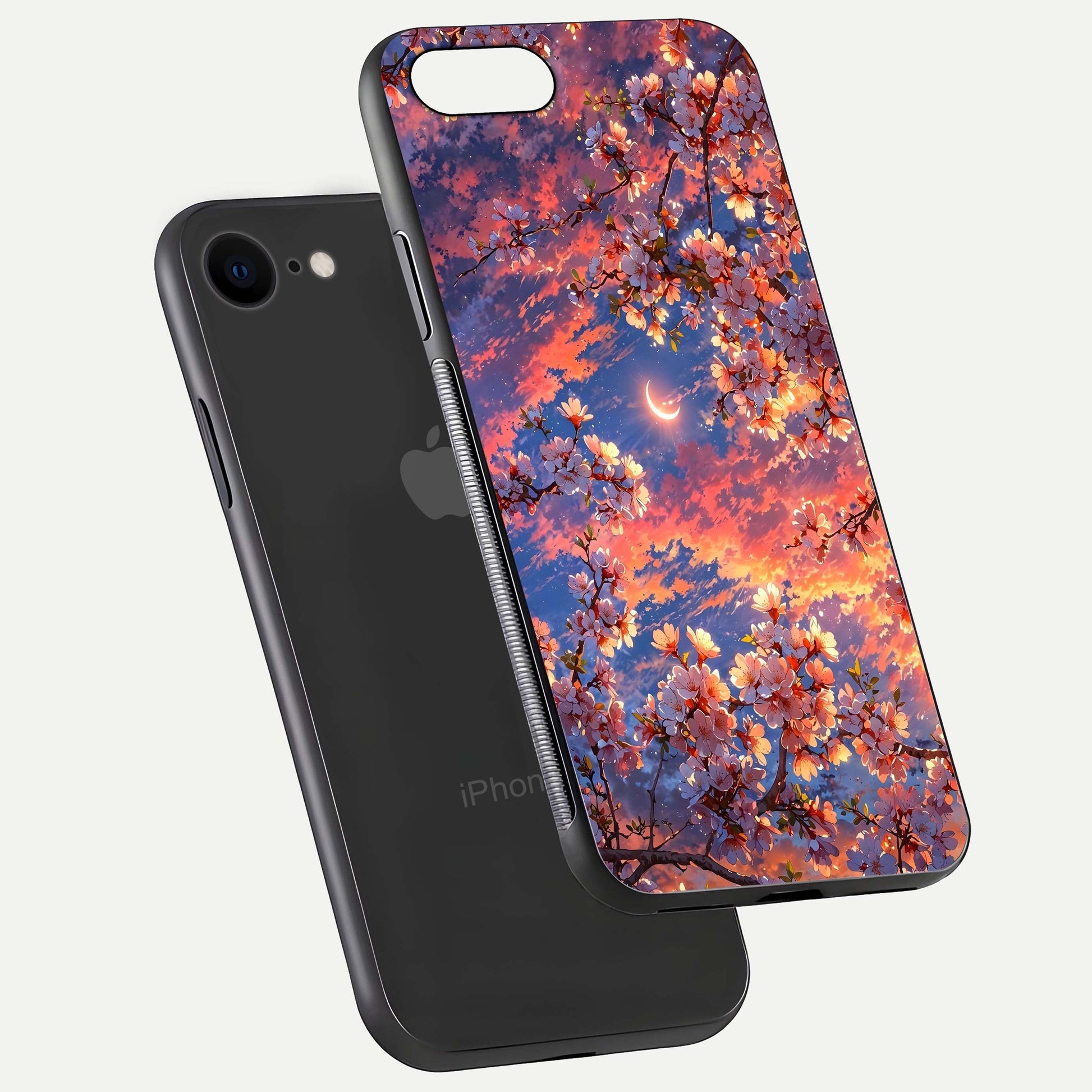 Celestial Sakura Sunset Glass Case for iPhone 7 floating mockup capturing sunset hue and smooth gloss