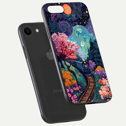 Celestial Train Journey Glass Case for iPhone 7 floating mockup capturing gloss reflection and deep night hues