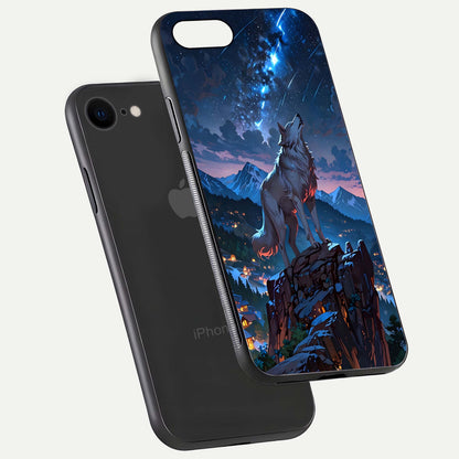 Celestial Wolf Howl Glass Case for iPhone 7 floating mockup capturing reflection depth and silver gloss