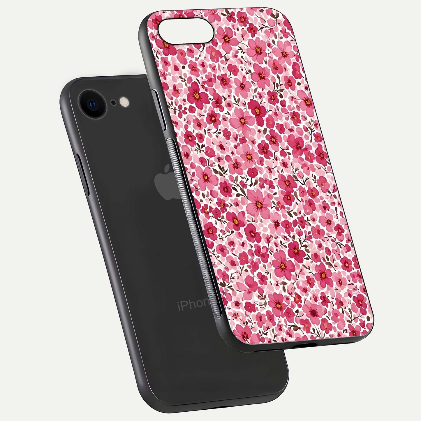Cherry Blossom Charm Glass Case for iPhone 7 floating mockup displaying pink tone flow and polished edges