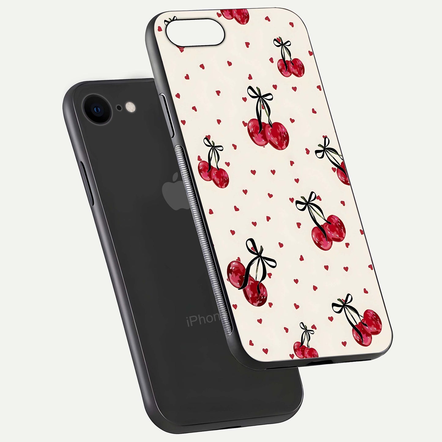 Cherry Heart Bow Glass Case for iPhone 7 floating mockup showing reflection and HD print detail