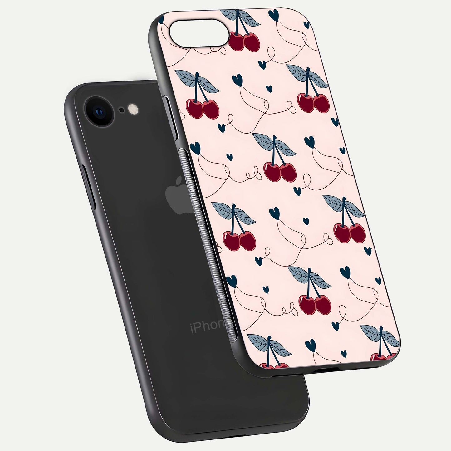 Cherry Heart Line Glass Case for iPhone 7 floating mockup showing gloss polish and bright tones