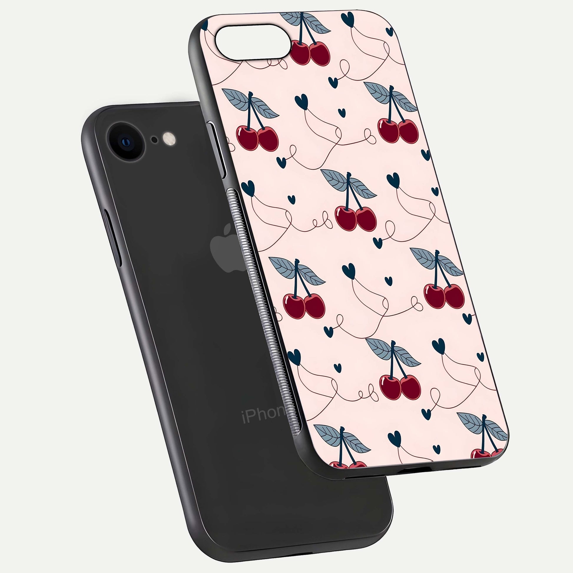 Cherry Heart Line Glass Case for iPhone 7 floating mockup showing gloss polish and bright tones