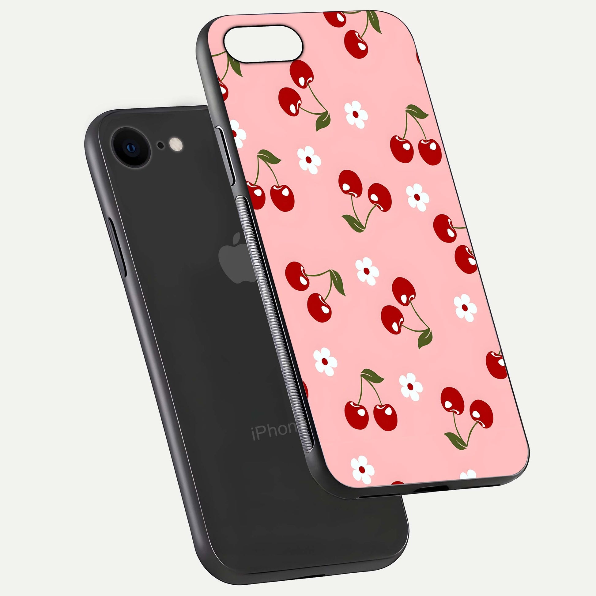 Cherry Love Mood Glass Case for iPhone 7 floating mockup showing HD gloss reflection and red tones