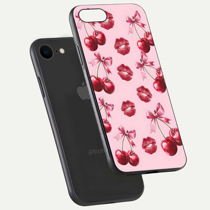 Cherry With Lips Glass Case for iPhone 7 floating mockup showing HD gloss and pop-art inspired tones