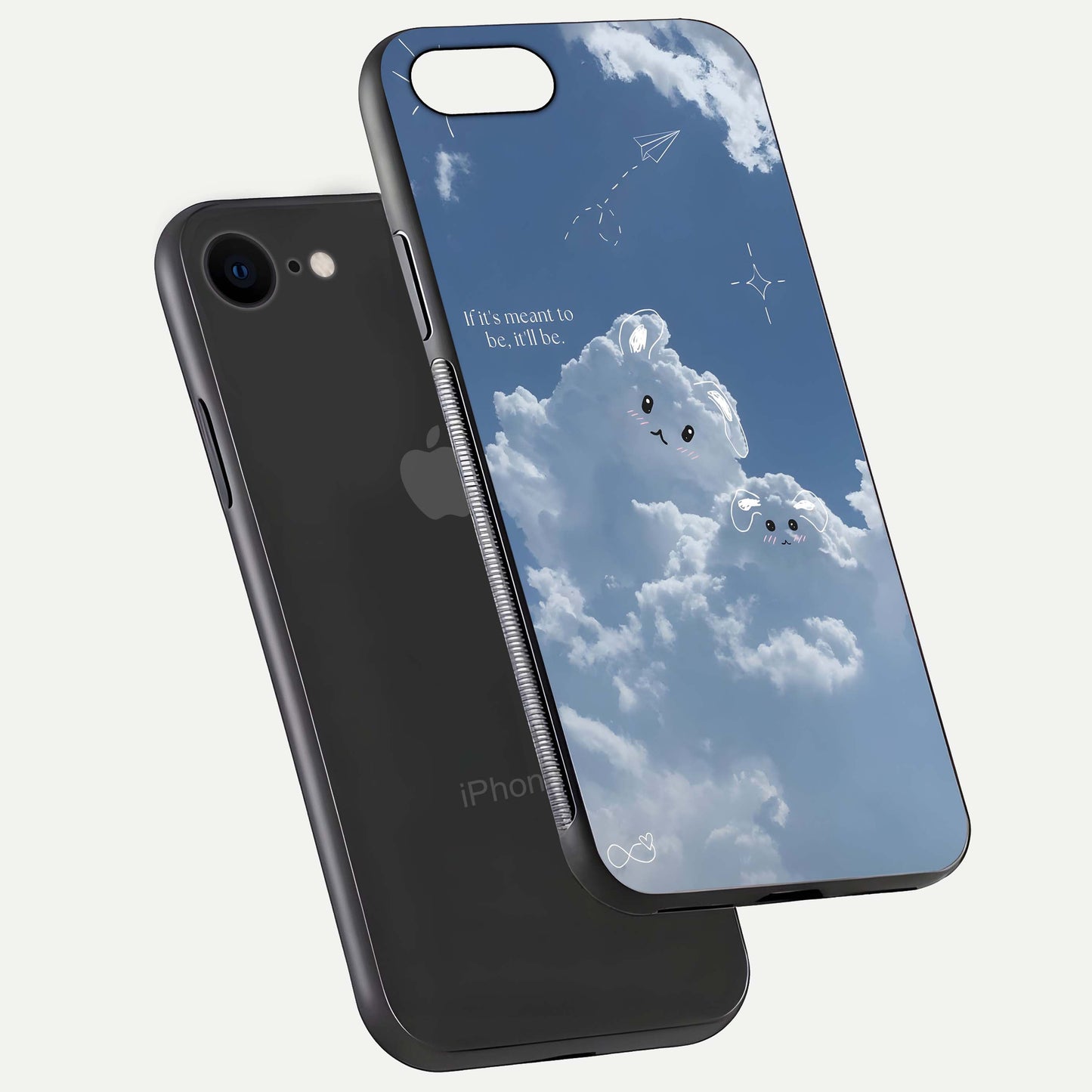 Cloud Bunny Dreams Glass Case for iPhone 7 floating mockup showing soft gradient and gloss reflection