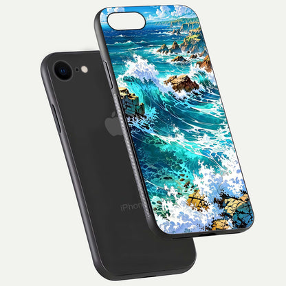 Coastal Blue Waves Glass Case for iPhone 7 floating mockup showing HD reflection and wave details