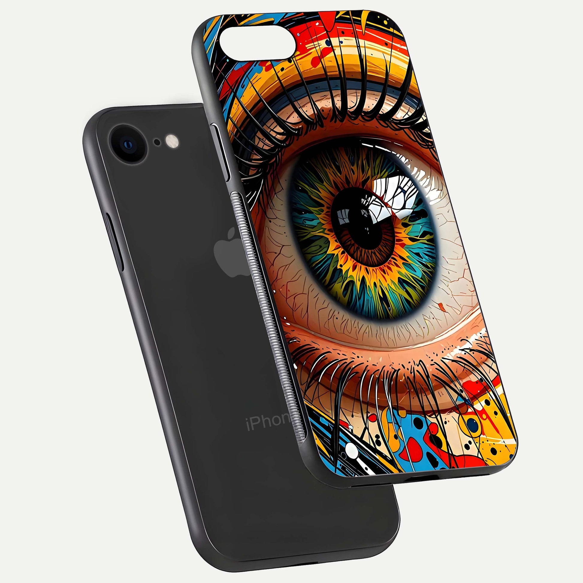 Colorful Eye Glass Case for iPhone 7 floating mockup showing bright contrast and gloss clarity
