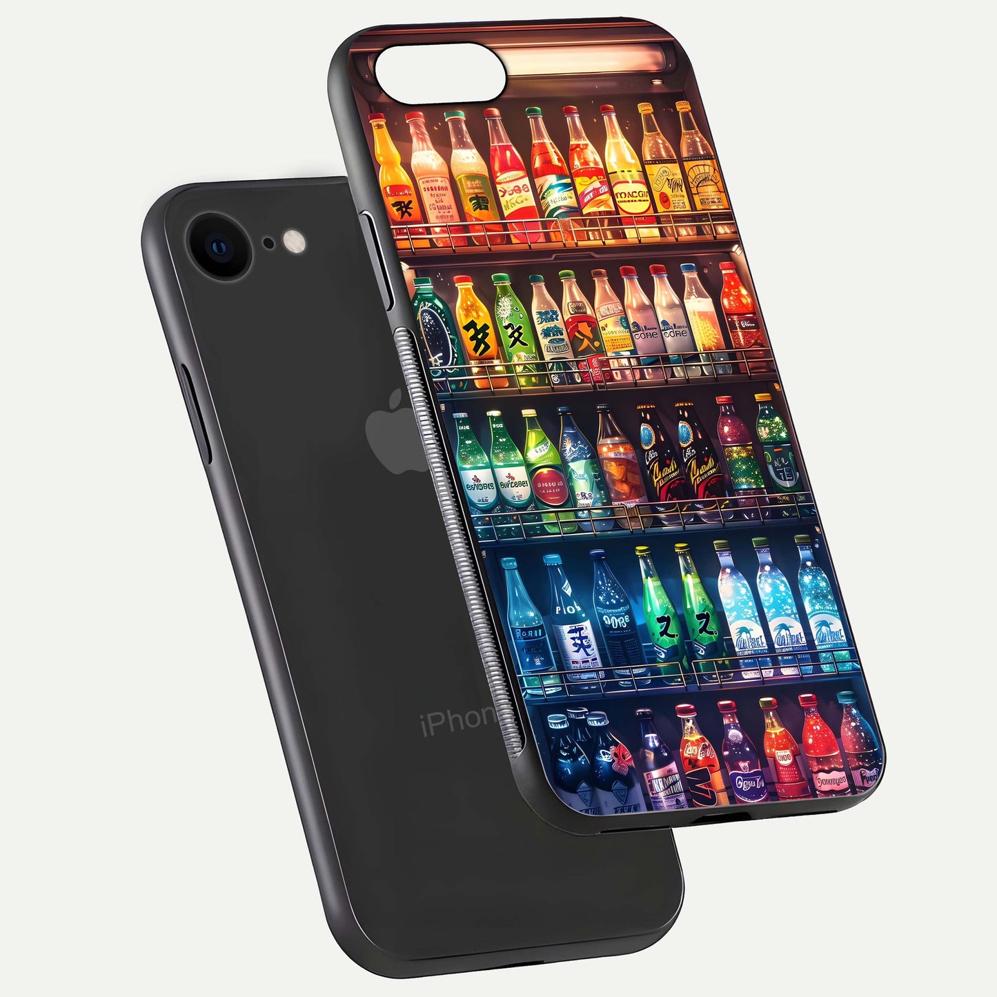 Colorful Soda Bottles Glass Case for iPhone 7 floating mockup showing light reflection and bright gloss