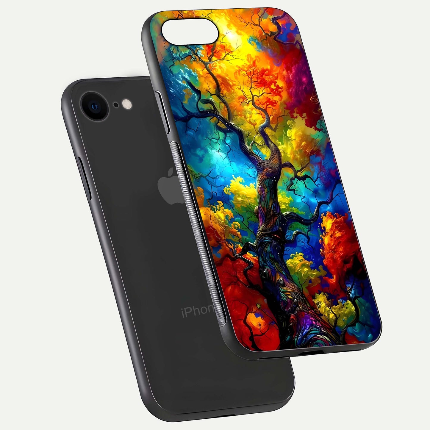 Colorful Tree Glass Case for iPhone 7 floating mockup showing reflection gloss and vivid hues