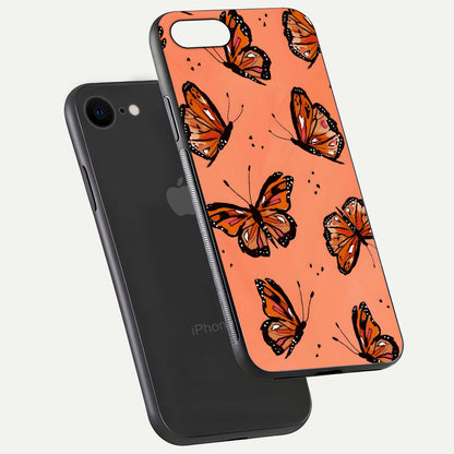 Coral Wing Butterfly Glass Case for iPhone 7 floating mockup showing HD gloss texture and vivid coral color