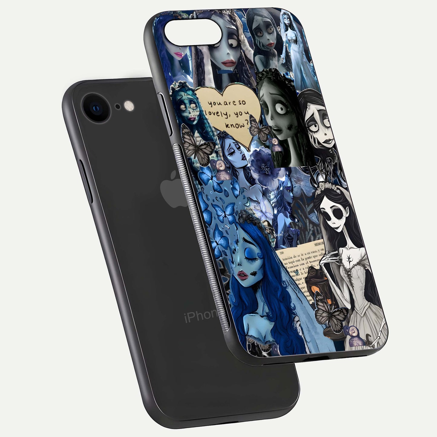Corpse Bride Posters Glass Case for iPhone 7 floating mockup showing shine texture and clear design
