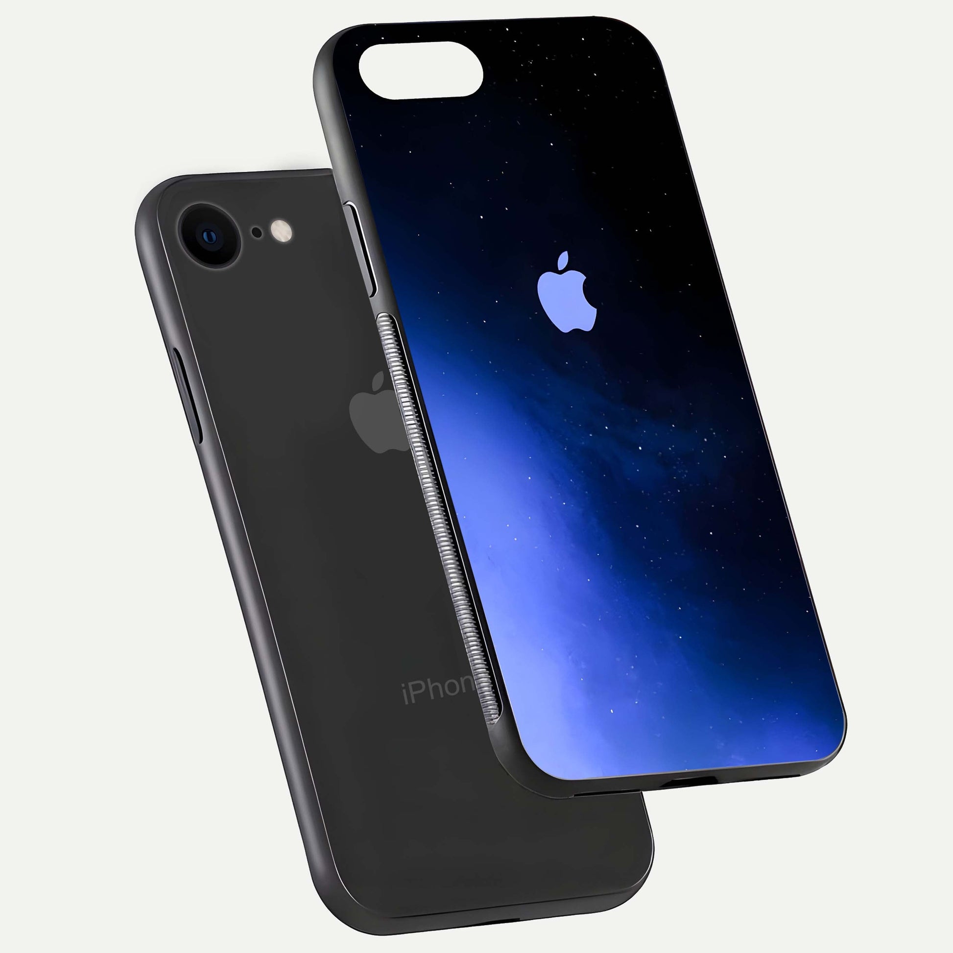 Cosmic Blue Apple Glass Case for iPhone 7 floating mockup showing HD gloss and deep space gradient