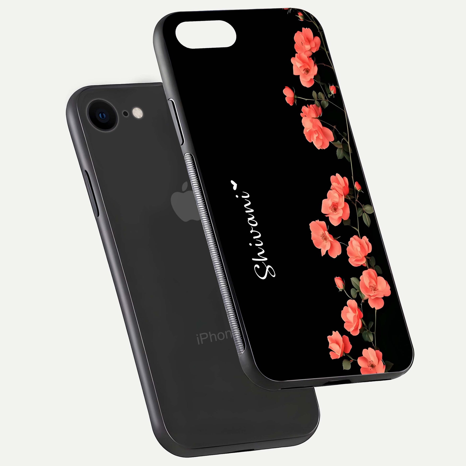 Crimson Bloom Grace Custom Name Glass Case for iPhone 7 floating mockup showing HD gloss and floral tones