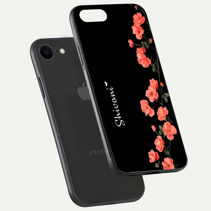 Crimson Bloom Grace Custom Name Glass Case for iPhone 7 floating mockup showing HD gloss and floral tones